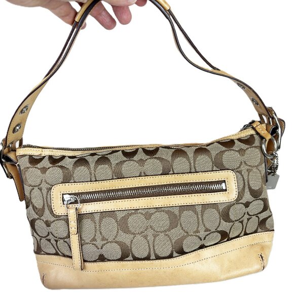 Coach Handbags - Coach Y2K Signature Logo Monogram Canvas Leather Tan Shoulder Bag Tassel #9363